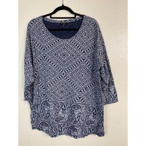 Lucky Brand Women Paisley Floral Boho‎ Tunic Top 3X Cotton Modal Blue Peasant